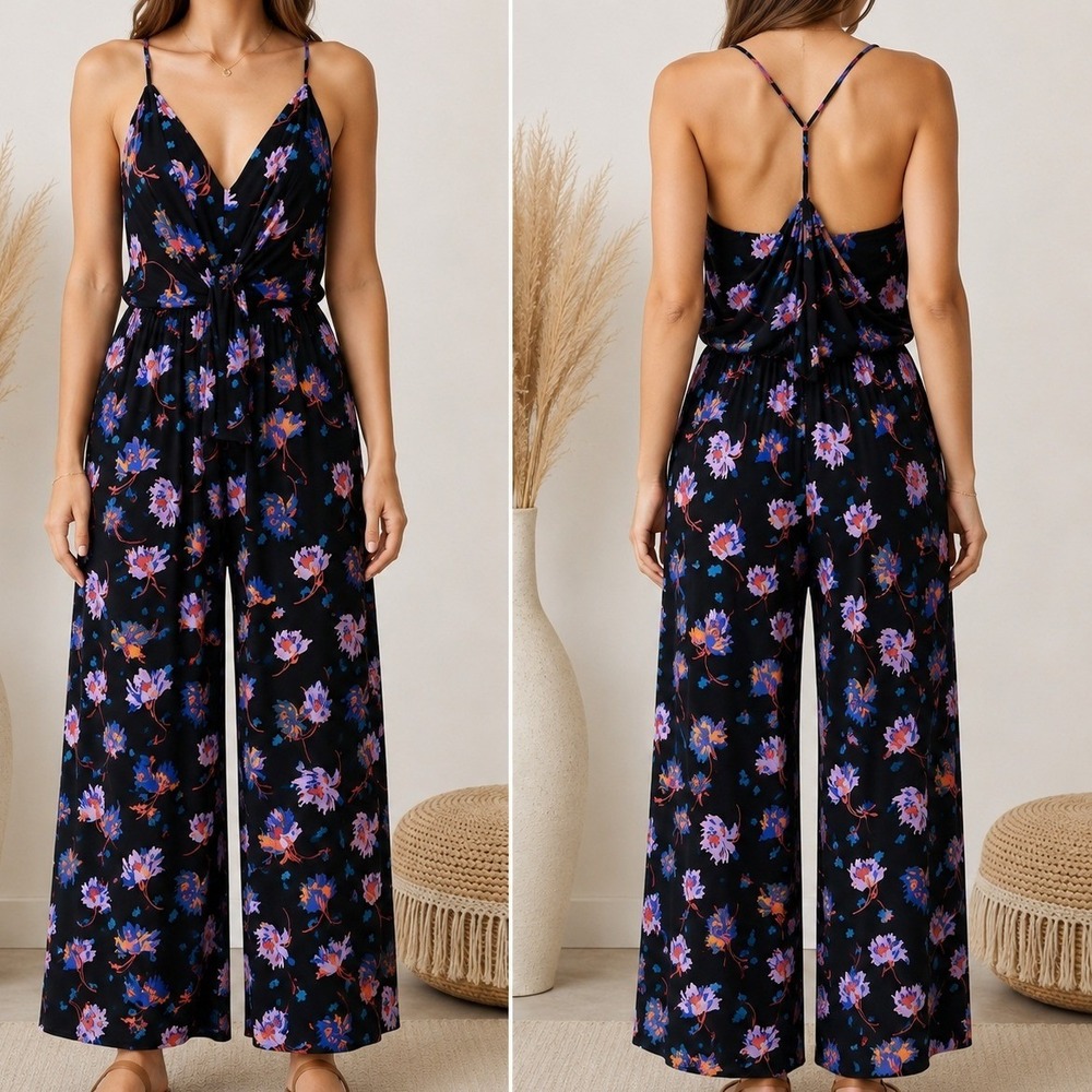 Moulinette Soeurs Wide Leg Jumpsuit Small Black Floral Anthropologie Boho